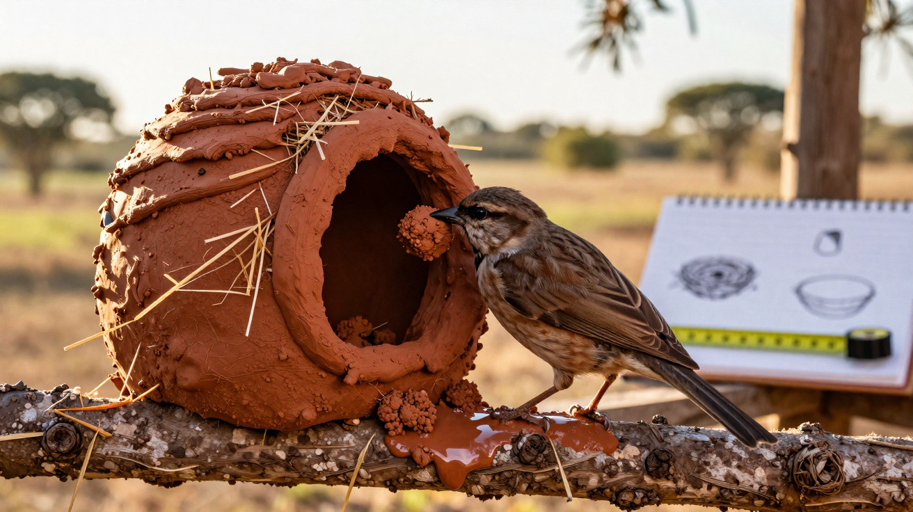 Spatz sitzt auf Ast neben tonfarbenem Vogelnest mit Erde und Stroh, im Hintergrund Skizzen und Maßband.