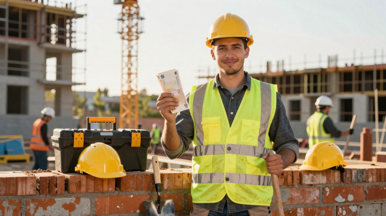 Bauarbeiter mit Schutzhelm und Warnweste hält Geldscheine auf einer Baustelle vor Rohbau und Werkzeugkasten.