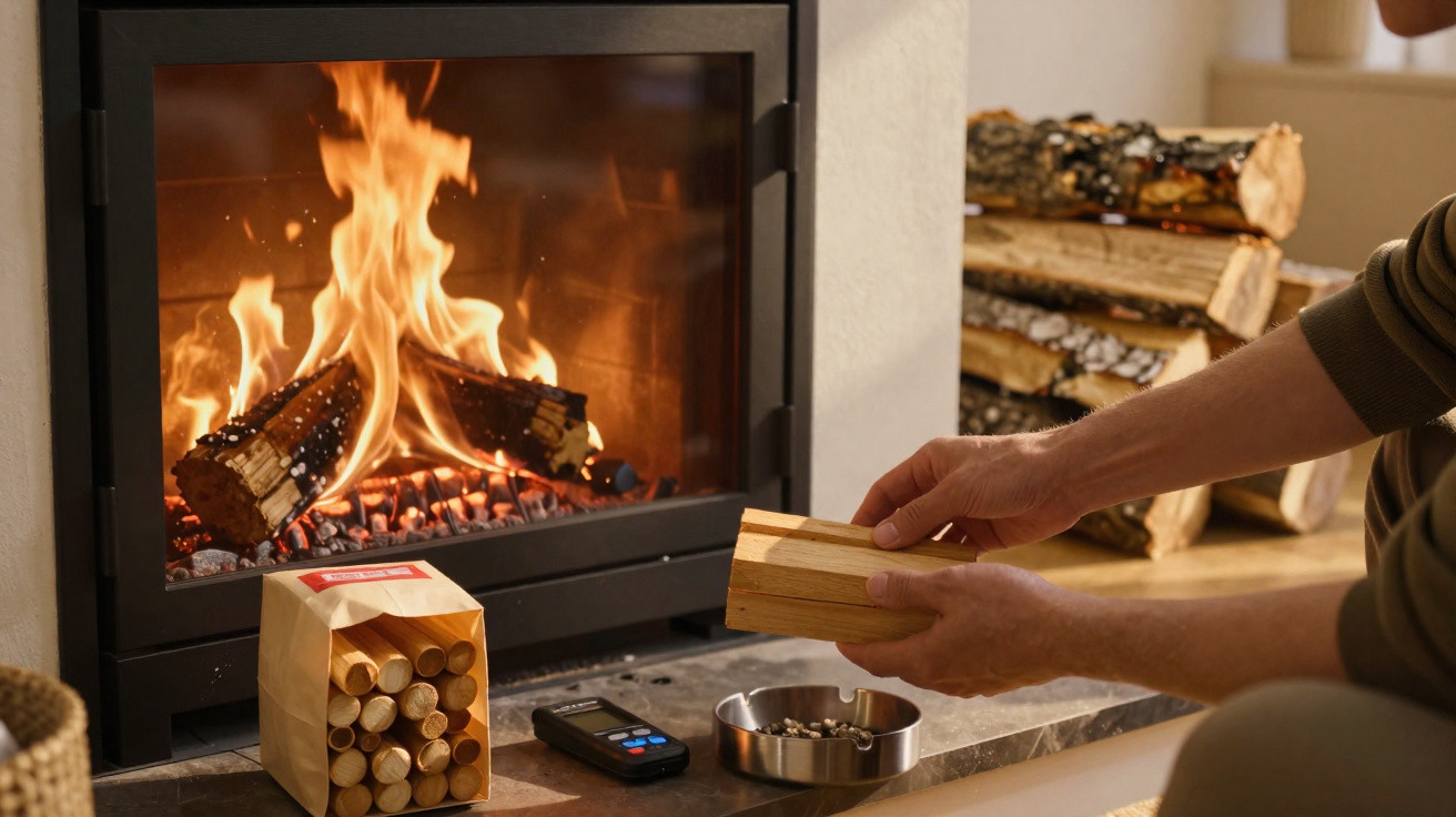 Person legt Holzscheite in einen brennenden Kamin, neben Kaminrauch und einem Aschenbecher mit Streichhölzern.