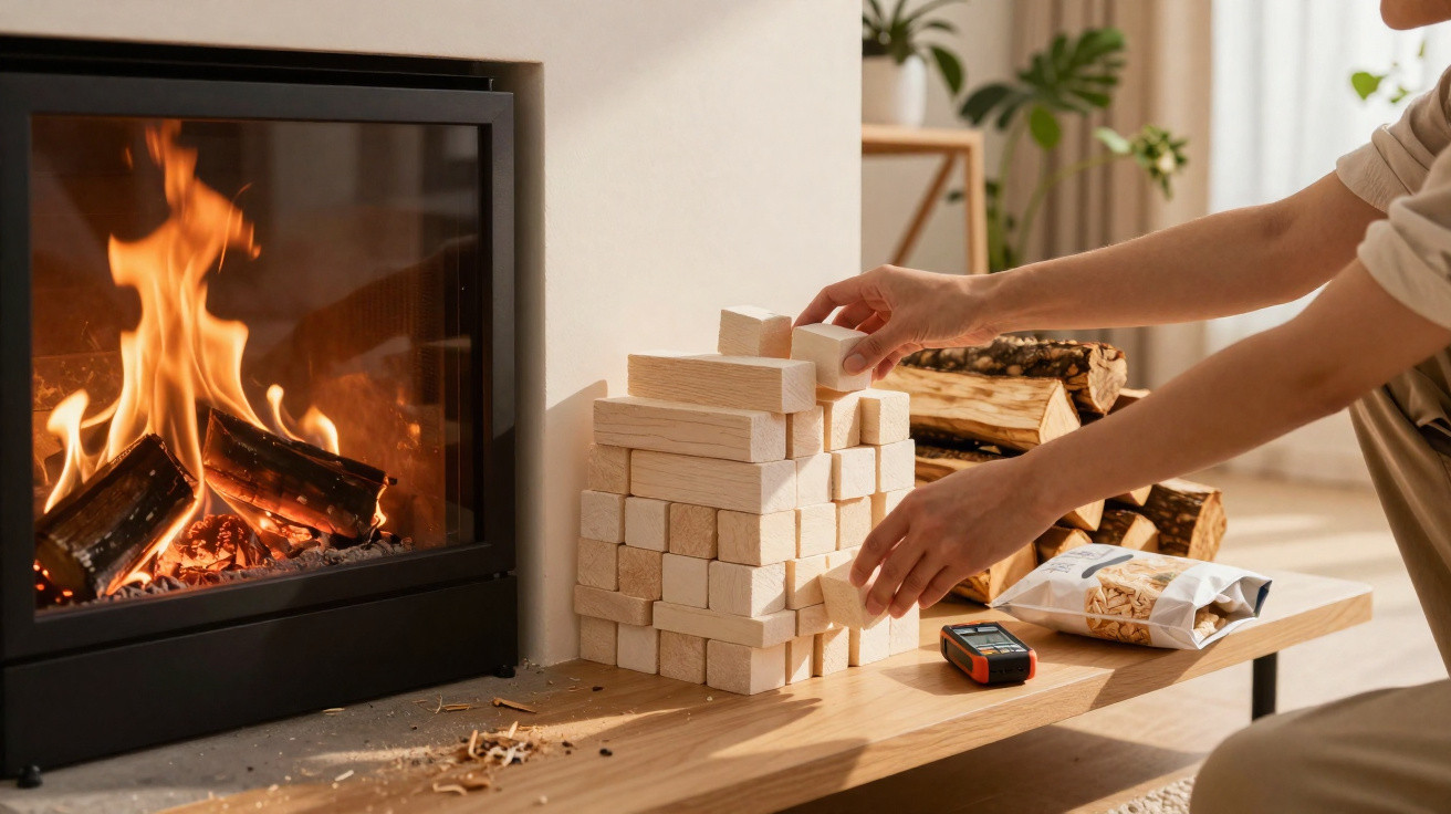 Person baut einen Turm aus Holzklötzen neben einem brennenden Kamin im Wohnzimmer.