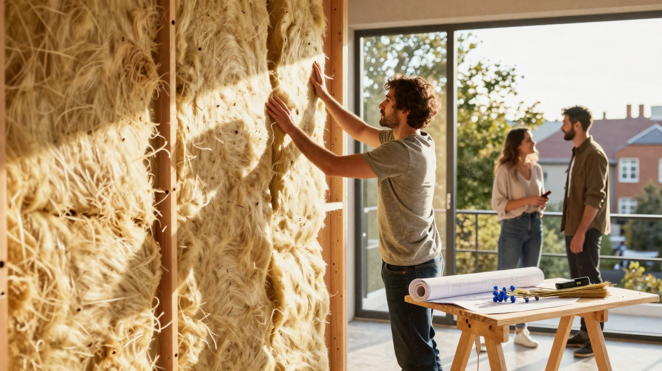 Mann bringt Dämmmaterial an Wand an, im Hintergrund unterhalten sich zwei Personen auf Balkon eines Hauses.