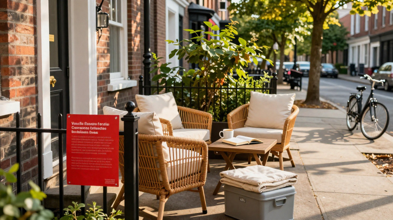 Gemütliche Sitzecke mit Rattanstühlen und Tisch auf einem sonnigen Gehweg vor Wohnhäusern.