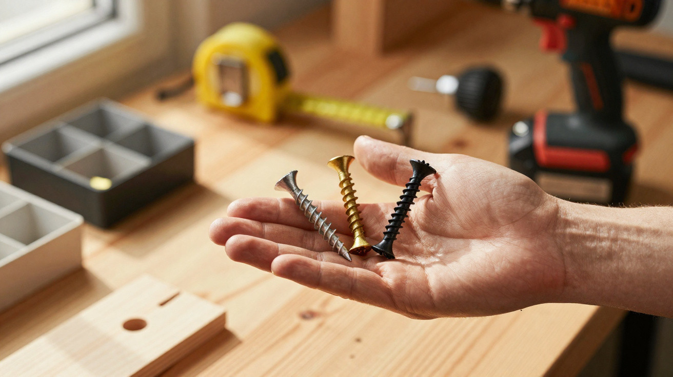Hand hält drei verschiedene Schrauben, im Hintergrund Werkbank mit Maßband und Bohrmaschine.