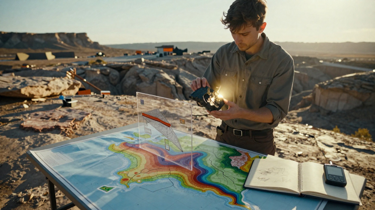 Mann analysiert ein 3D-Modell über einer topografischen Landkarte im Freien bei Sonnenuntergang.