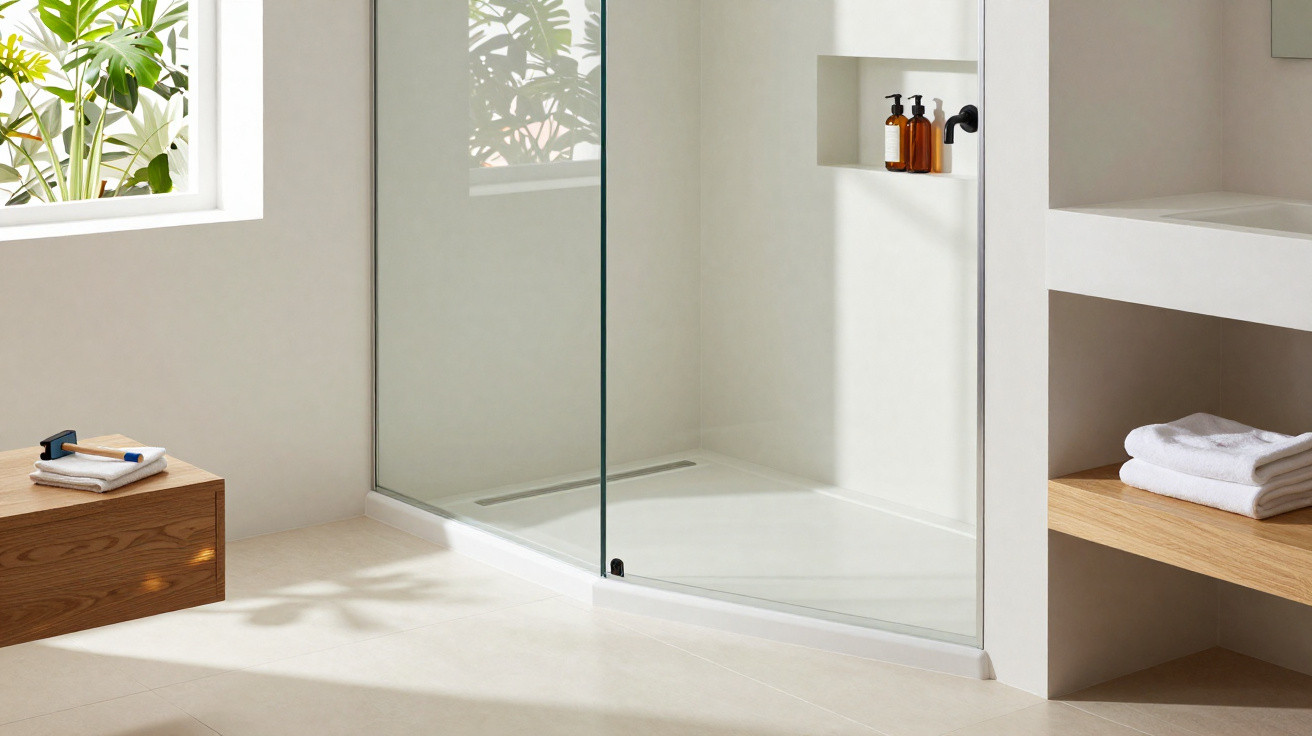 Helle, moderne Dusche mit Glasabtrennung, Holzablagen, weißen Handtüchern und Pflanzen am Fenster.