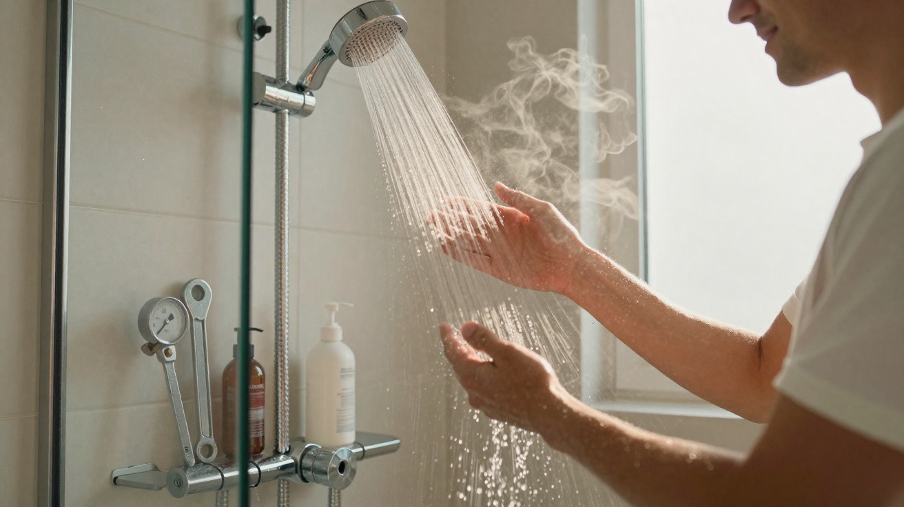 Mann prüft mit Händen heißen Dampf und Wasserstrahl aus der Dusche in einem Badezimmer mit Fenster.