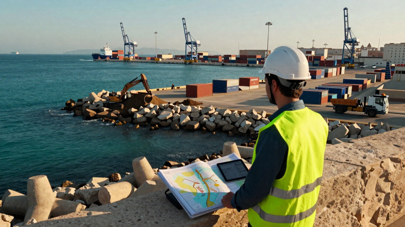 Bauingenieur mit Helm und Warnweste prüft Pläne an einem Hafen mit Containerschiffen und Kränen im Hintergrund.