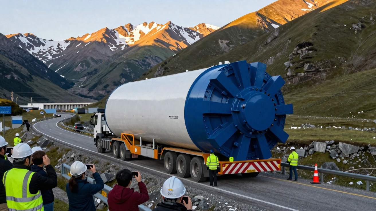 Großer Lastwagen transportiert zylindrisches Industrieteil, umgeben von Berglandschaft und mehreren Beobachtern mit Schutzhel