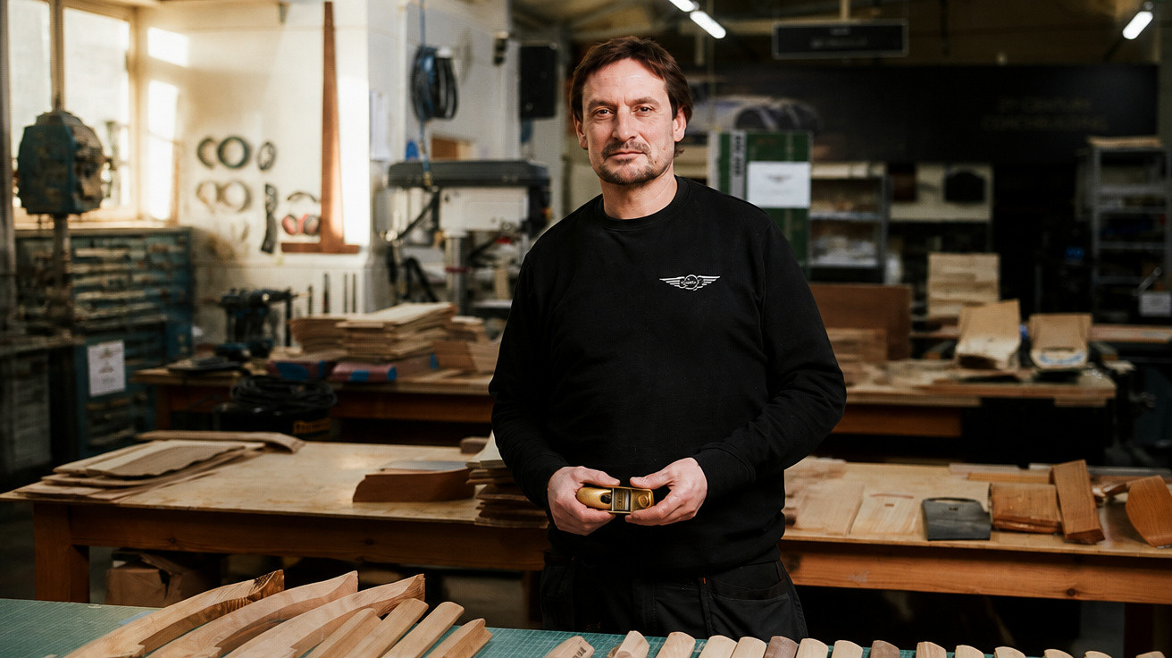 Mann in schwarzem Pullover steht in einer Werkstatt mit Holzarbeiten und Werkzeug auf Holztischen.