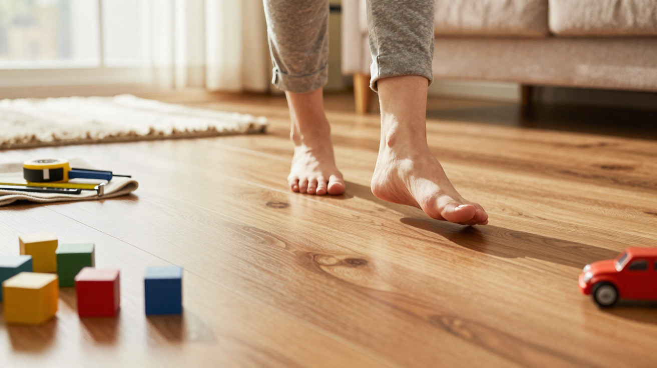 Barfuß laufende Person auf Holzfußboden im Wohnzimmer mit Spielzeug und Werkzeugen am Rand.