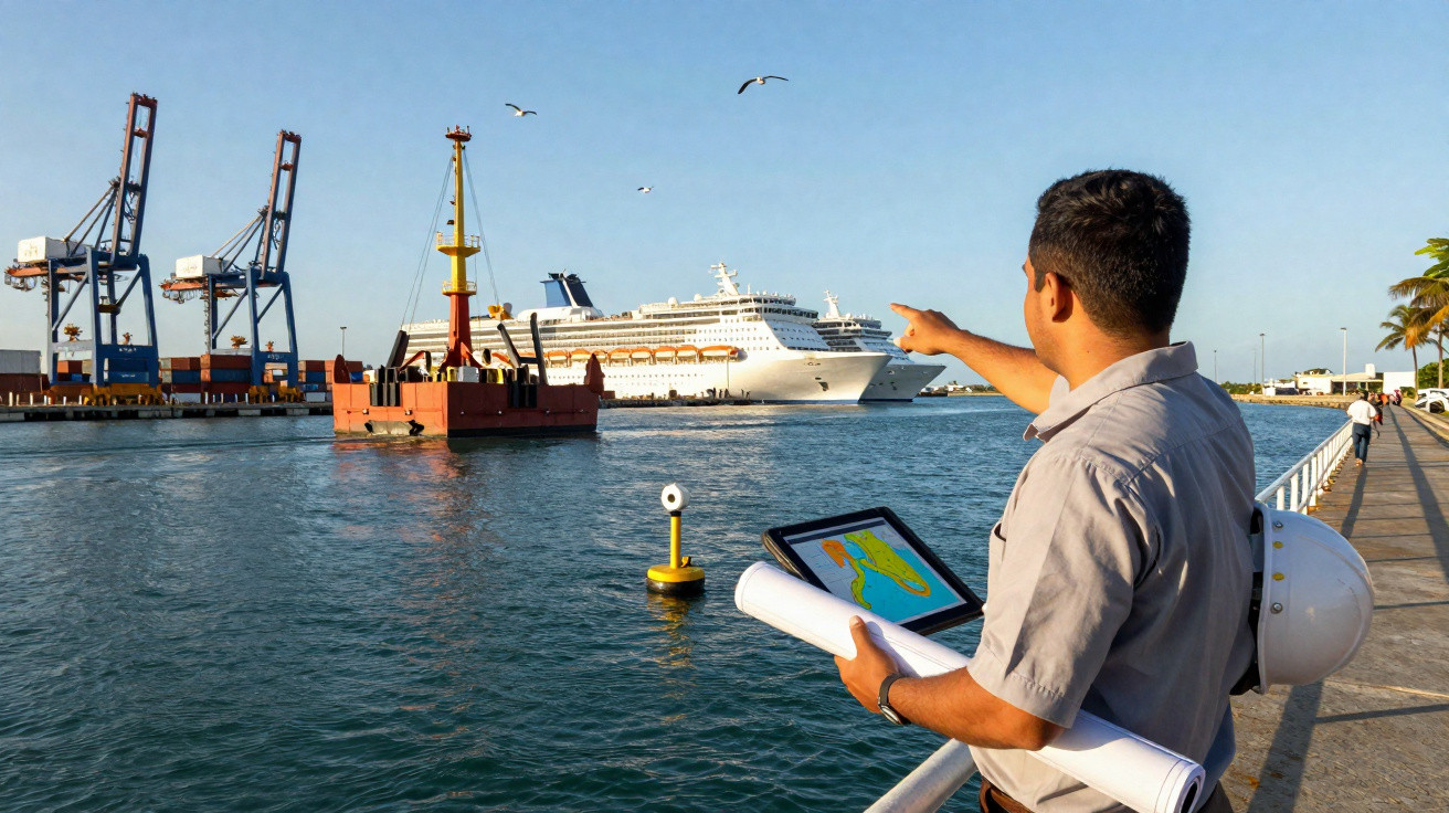 Ein Mann mit Bauhelm zeigt auf ein Kreuzfahrtschiff im Hafen, hält Pläne und ein Tablet mit Karte.