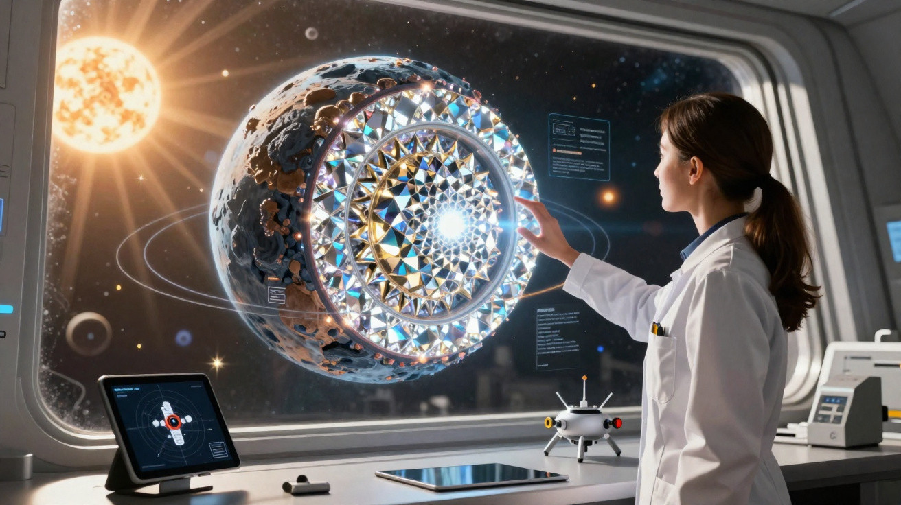 Wissenschaftlerin in Labor betrachtet leuchtendes, futuristisches Planetenmodell mit holografischen Anzeigen im Weltraum.
