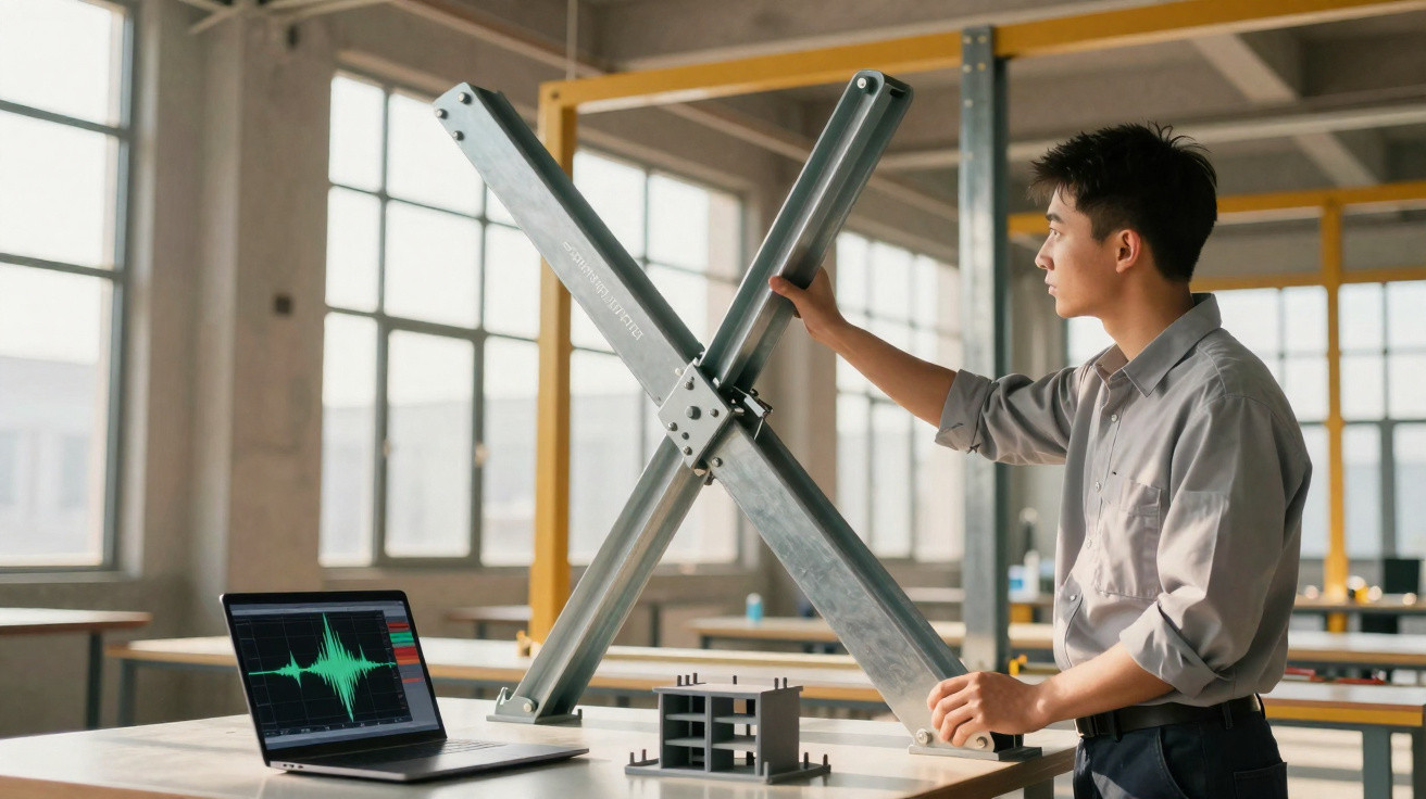 Ingenieur untersucht Metallkreuzabstützung im Licht einer großen Werkstatt mit Laptop und Bauplanmodell.
