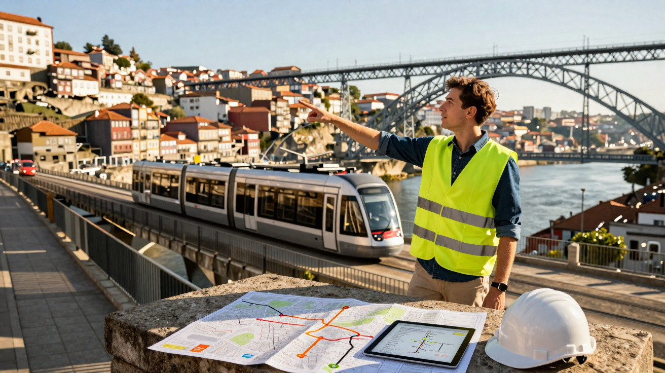 Mann in Warnweste zeigt auf Stadt mit Zug, Brücke, Bauplan und Helm auf Steintisch am Flussufer.