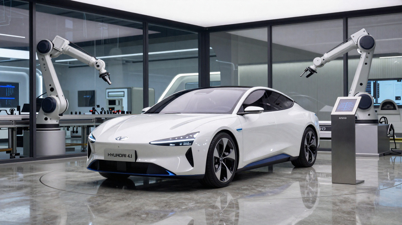 Weißes Hyundai Elektroauto Modell 4.1 in modernem Labor mit zwei Roboterarmen.
