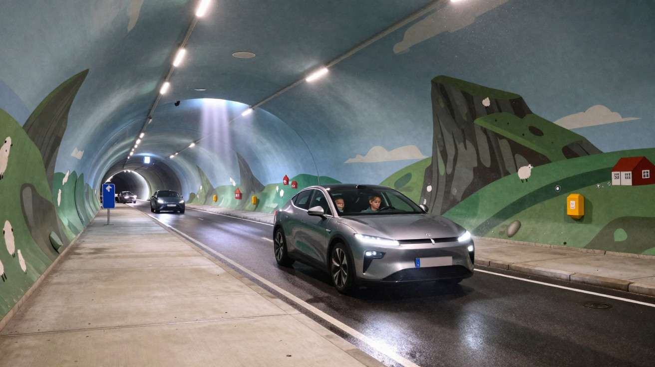 Silbernes Auto fährt durch bemalten Tunnel mit Landschaftsmalereien und Tageslichtstrahl von oben.