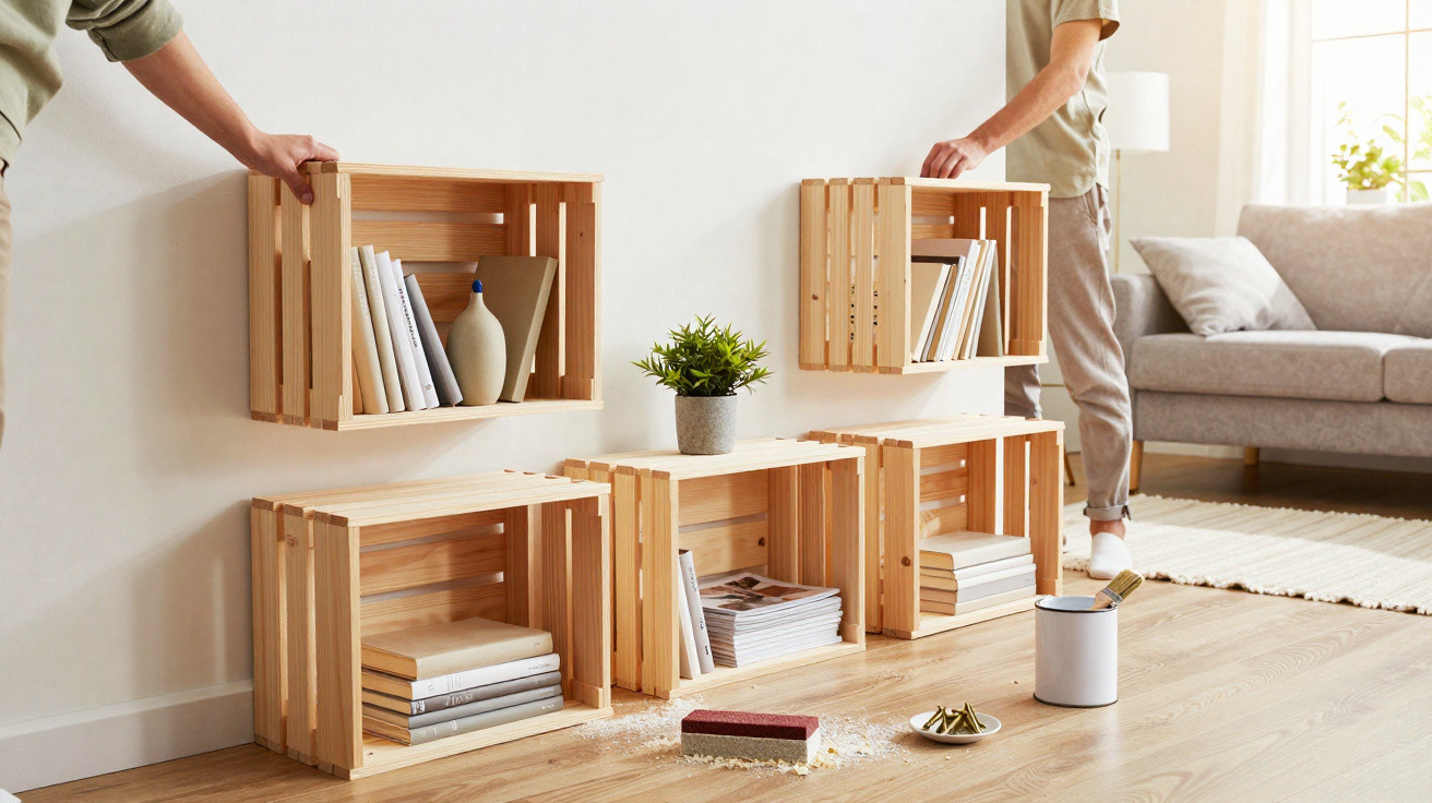 Zwei Personen montieren hölzerne Kistenregale an einer weißen Wohnzimmerwand mit Büchern und Pflanzen.