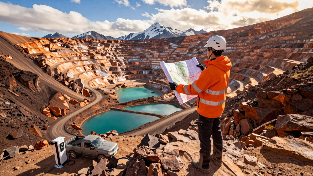 Bergbauarbeiter in orangefarbener Jacke und Helm liest Karte vor Bergwerk mit Wasserbecken und Bergen.