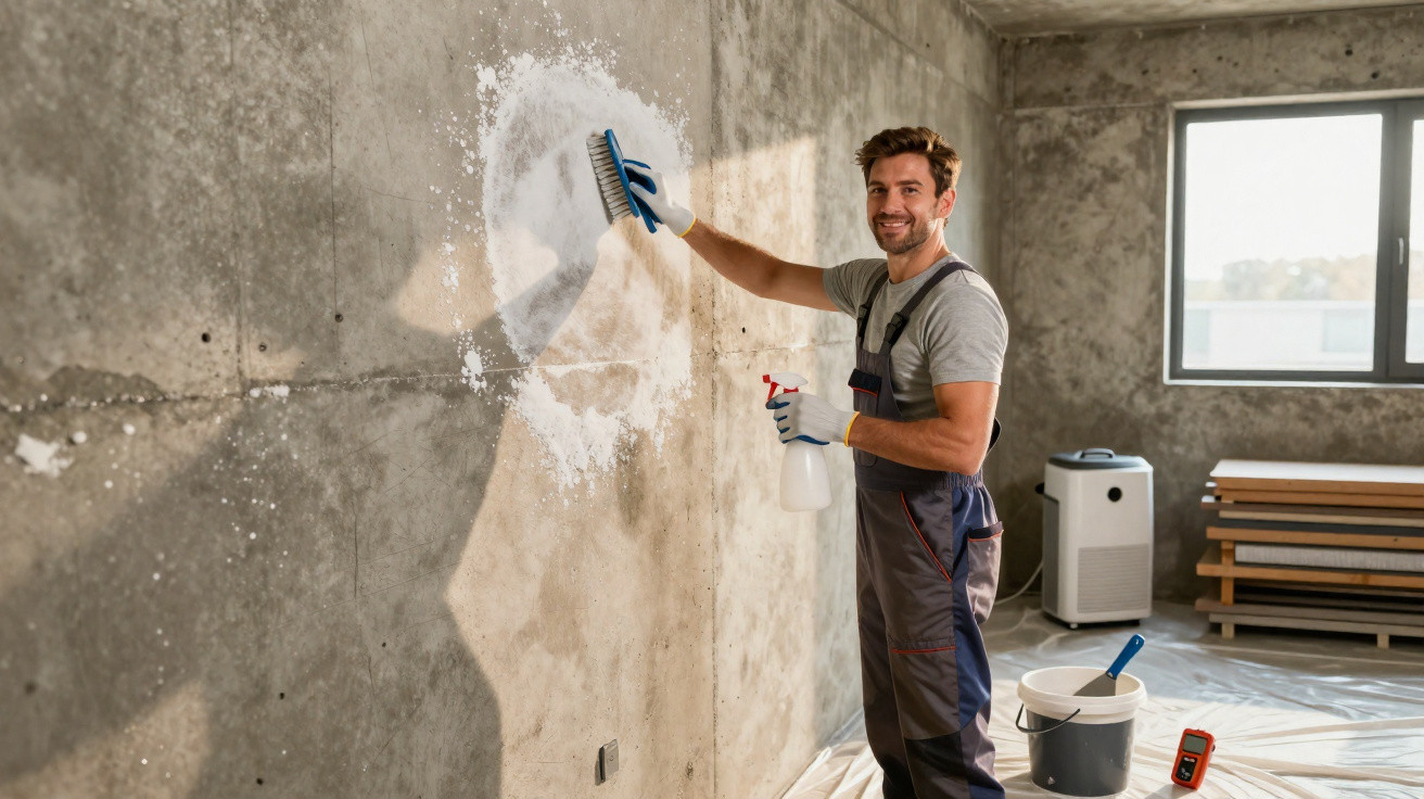 Mann reinigt mit Bürste und Sprühflasche eine Wand in einem Raum mit Betonwänden und viel Licht.