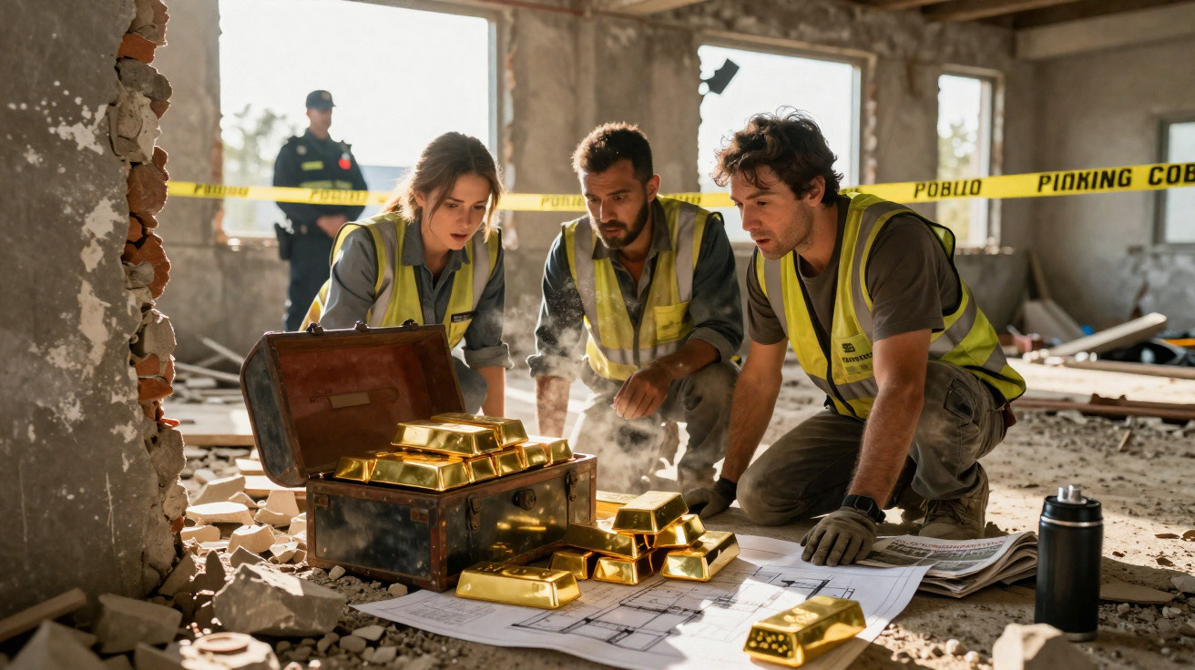 Drei Personen mit Warnwesten entdecken in einer Baustelle eine Schatzkiste voller Goldbarren.