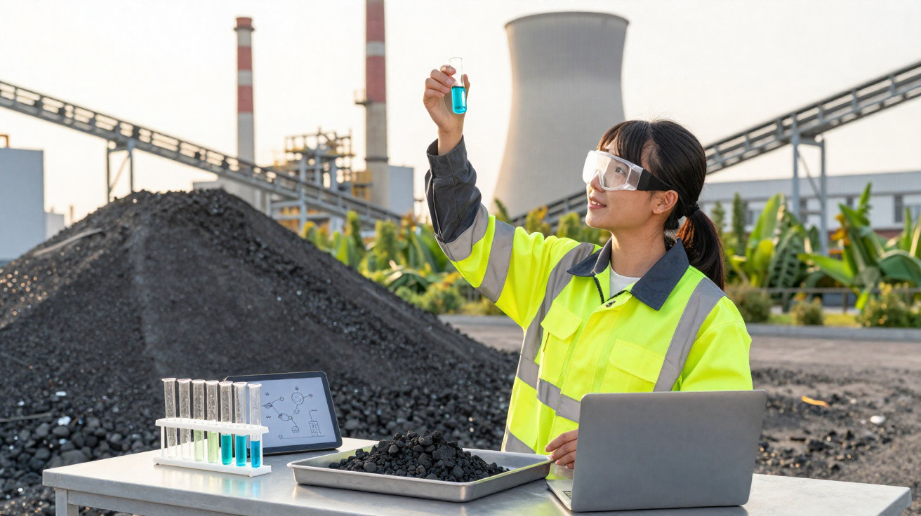 Frau in Schutzkleidung analysiert Chemikalie im Reagenzglas vor Kohlehaufen und Industrieanlage.